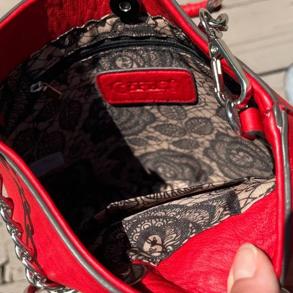 Red Carlos Santana tote /cross body bag, silver metal ring handles - Picture 4 of 8
